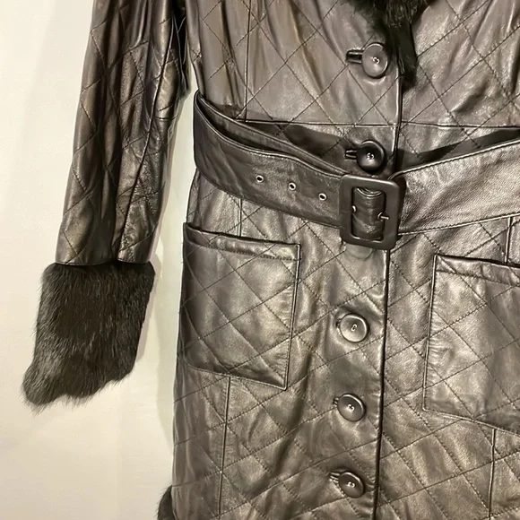 BEBE 100% Leather & Rabbit Fur Fully Lined Midi Coat
